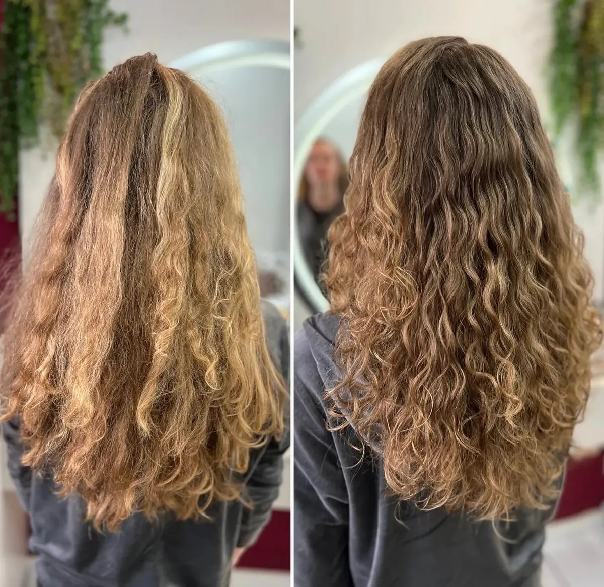 Antes e depois de tratamento em cabelo ondulado longo: antes com frizz e sem definição, depois com ondas formadas e brilho